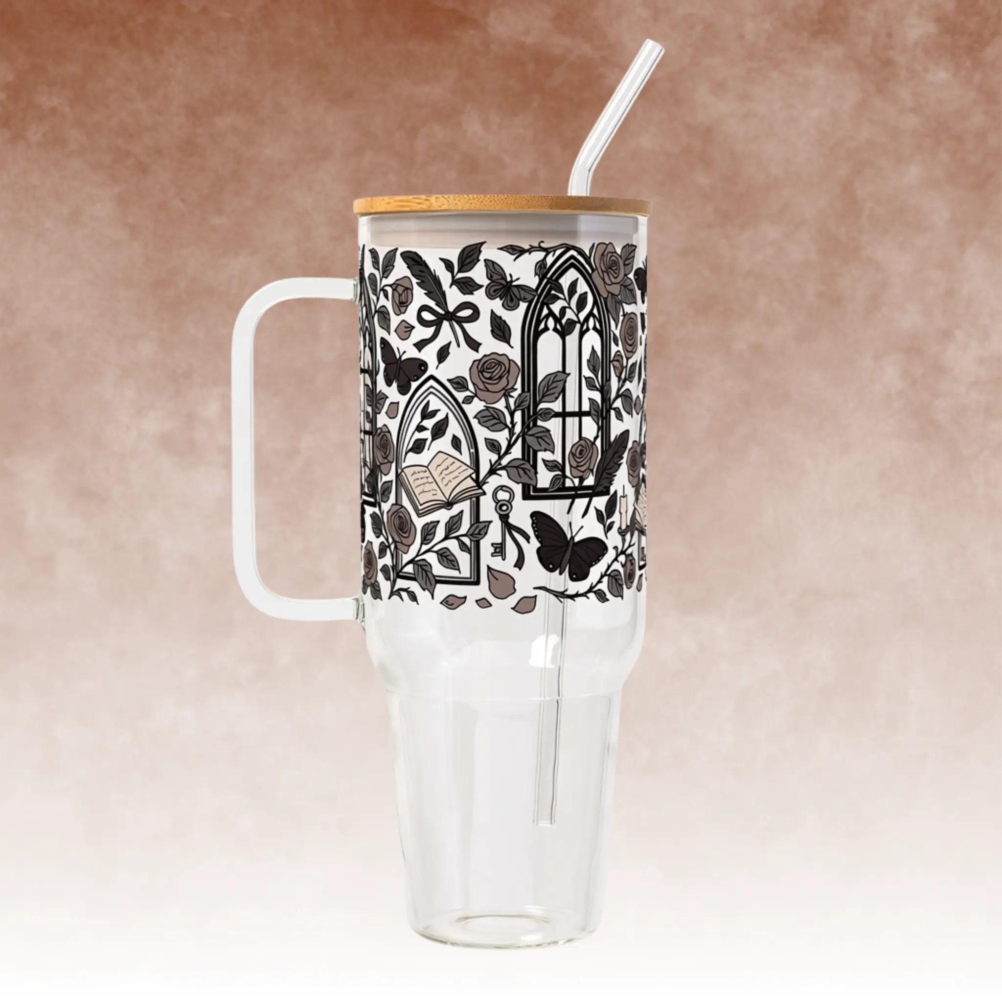 Dark Academia Glass Cups with Lids & Straws | Gothic Vintage Drinkware Tumblers
