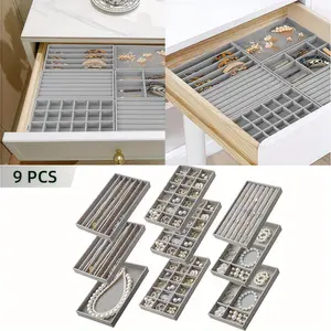 9PCS Stackable Velvet Jewelry Trays, Drawer Inserts Earring Organizer for Women Jewelry Storage Display Case for Rings Stud Necklaces,Mother's Day Gifts Halloween