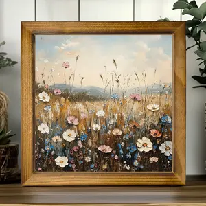 1pc Rustic Wooden Frame Wildflower Field Art, 8x8 Inch - Charming Farmhouse Painting with Pink, Blue, and White Flowers, Ideal for Living Room and Office Decor, Perfect Spring Gift, Office Wall Art |   Rustic Wall Art |   Decorative Sign, Flower Decor
