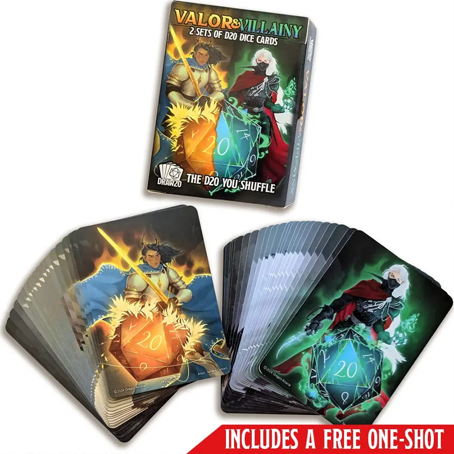 Draw20 Valor & Villainy D20 Dice Cards (Includes A Free One-shot) for D20 Tabletop Roleplaying Games TTRPG, D&D 5e, Daggerheart 2 Decks of 20 Illustrated Cards per Box Standard Size 3x2.5x.5 inches Online Content Library Included