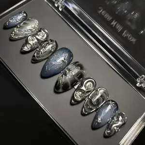 30Pcs Goth Press on Nails Medium Almond Fake Nails 3D Silver Alloy Chrome Glitter Design Y2k Glue on Nails Full Cover Glue on Nails Reusable Handmade Nails Black False Nails for Women Acrylic Nails