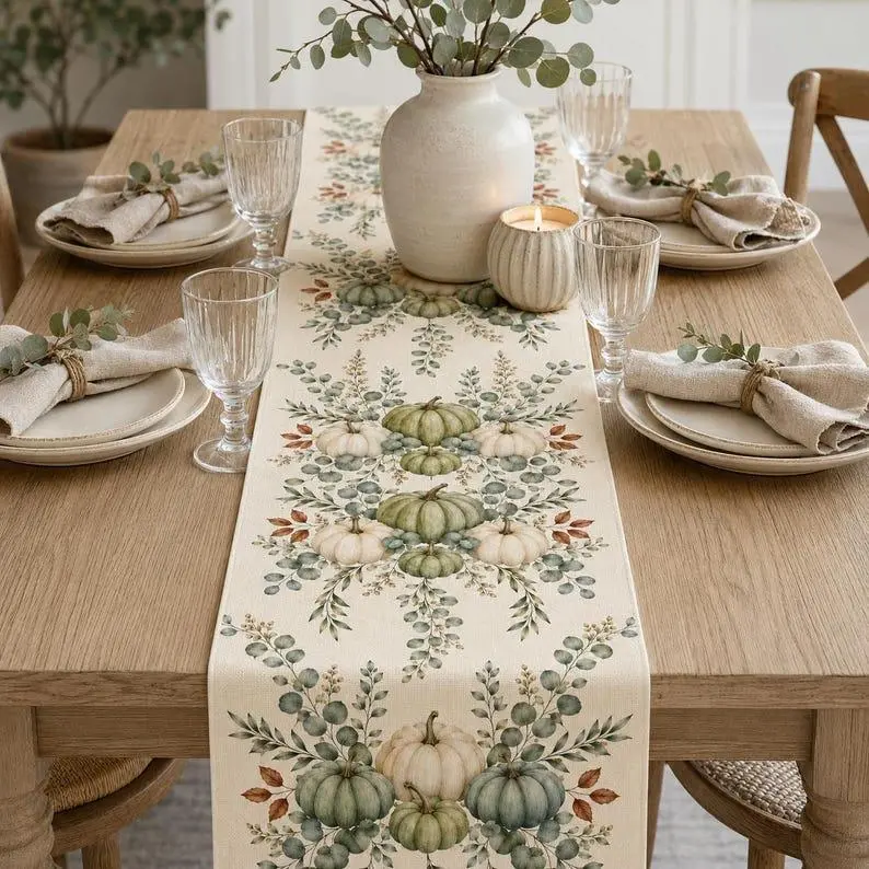 Sage Green Pumpkin Table Runner, Fall Eucalyptus Botanical Runner, Neutral Thanksgiving Decor, Farmhouse Cottagecore Table Décor