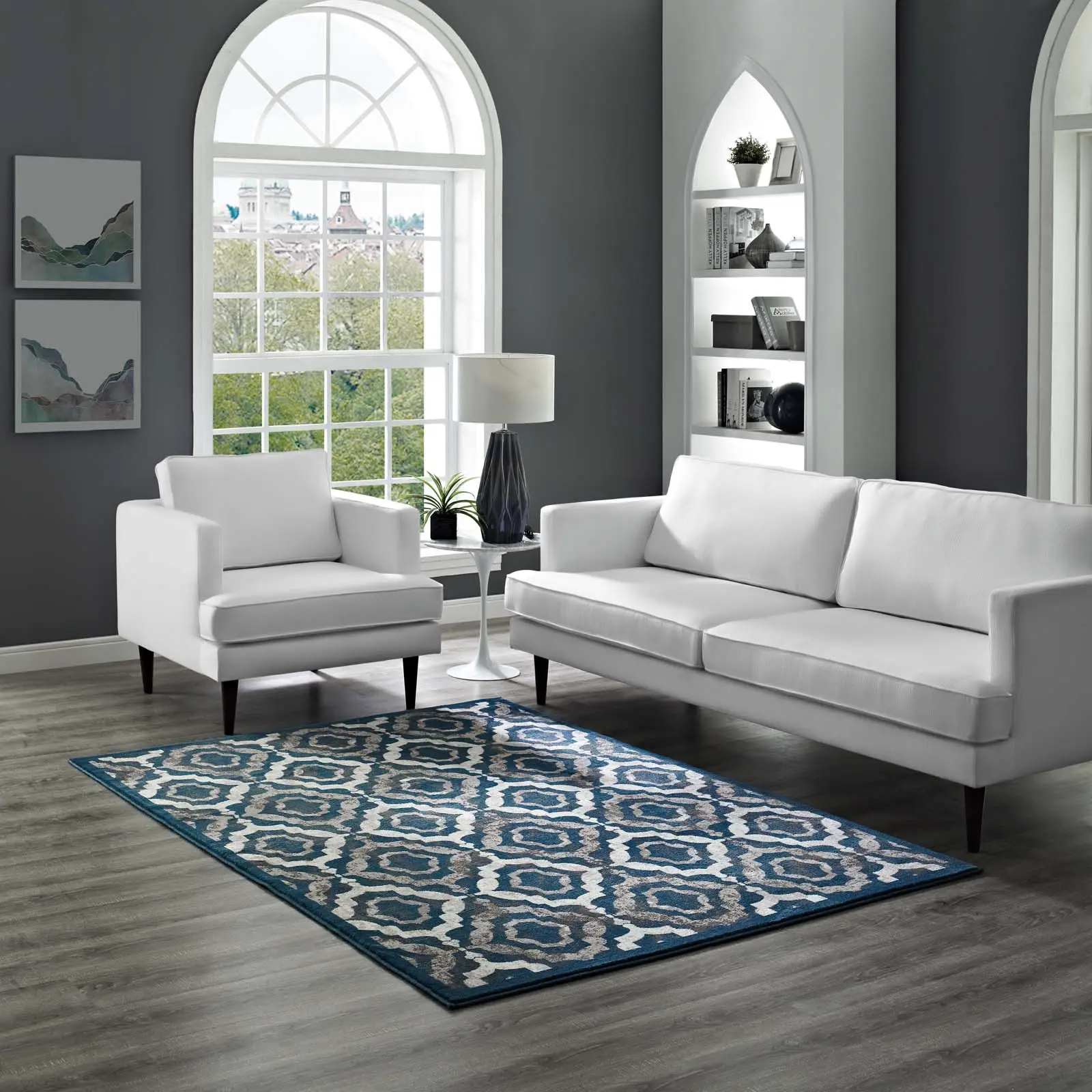 Modway Kalinda 8x10 Polypropylene Elegant Area Rug - Rustic Vintage Moroccan Trellis Style, Ivory, Moroccan Blue, Brown - Ideal for Bedroom Decor, Living Room Decor, Elegant Rug, Rug Style
