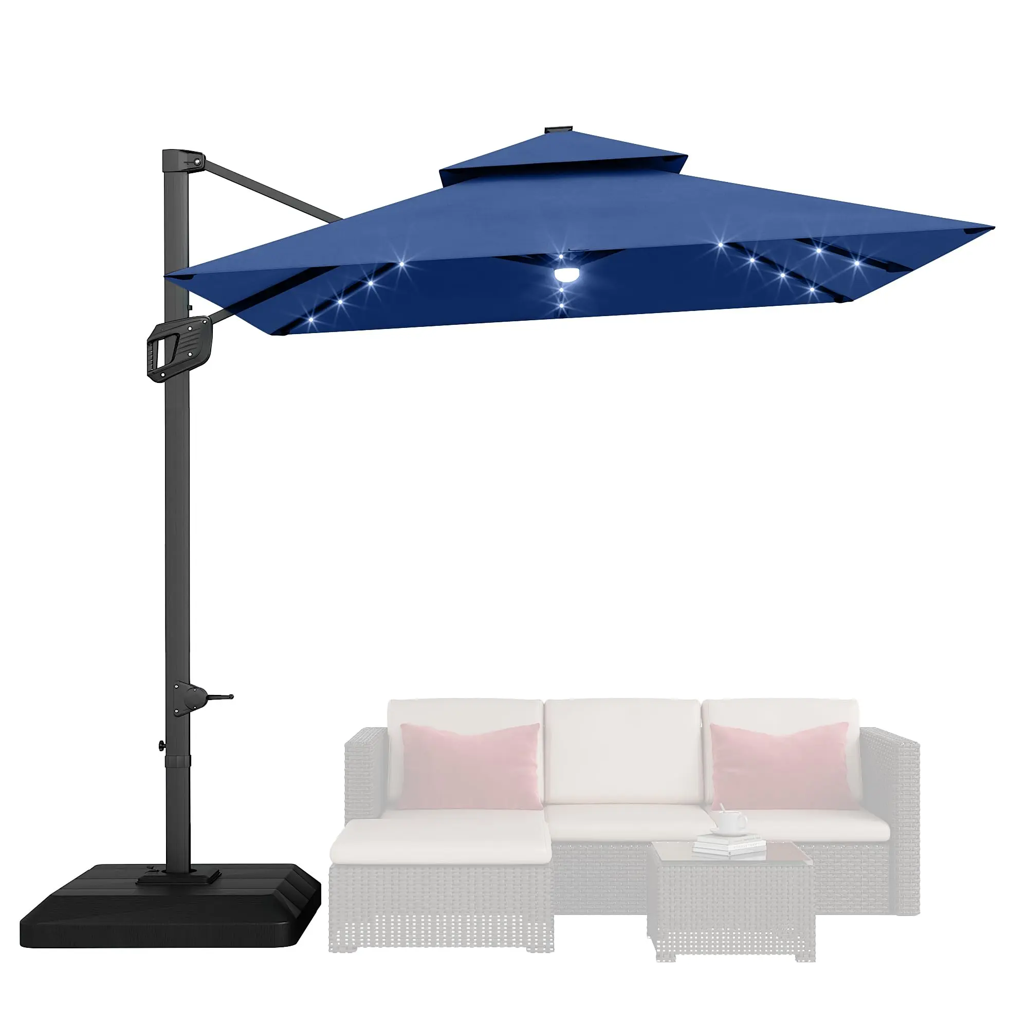 10'x10' Heavy Duty Cantilever Patio Umbrella, 2-Tier Square Aluminum Offset Umbrella with Solar LED Lights & Weighted Base, 360° Rotation Navy Blue Sun Shade for Backyard Deck Pool