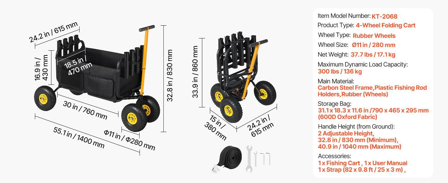 VEVOR Beach Fishing Cart, 300 lbs Load Capacity, Foldable Fishing Cart with Heavy-Duty Carbon Steel Frame, 11-Inch All-Terrain Tires, 8 Rod Holders, Strap, Easy to Clean, for Outdoor Camping Picnic VEVOR Beach Fishing Cart, 300 lbs Load Capacity, Foldable Fishing Cart with Heavy-Duty Carbon Steel Frame, 11-Inch All-Terrain Tires, 8 Rod Holders, Strap, Easy to Clean, for Outdoor Camping Picnic