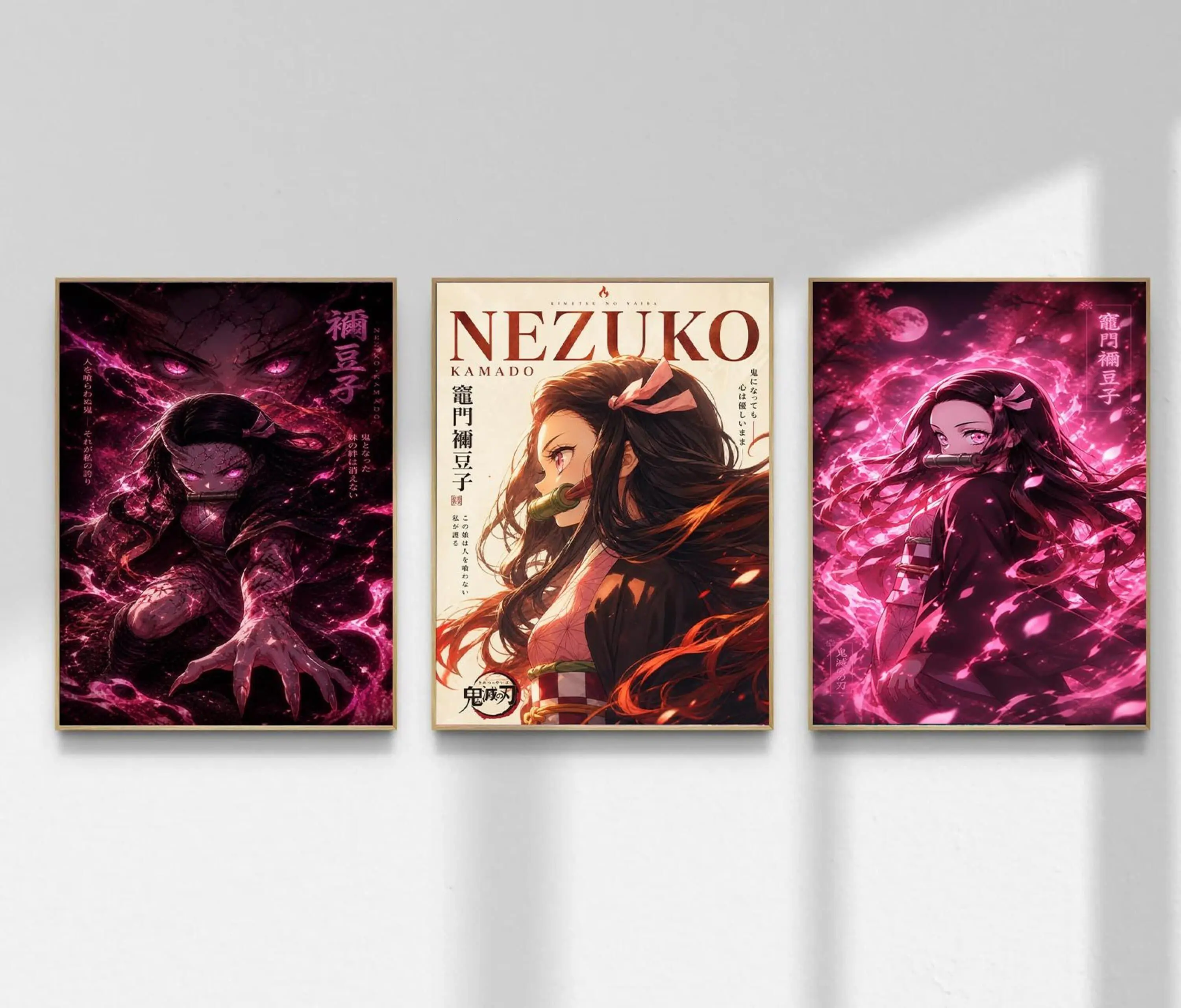 Nezuko Demon Slayer Poster Set of 3, Kimetsu No Yaiba Anime Wall Art, Nezuko Kamado Manga Print, Pink Anime Room Decor
