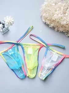 Men's Sexy Low Waist Thong Panties Rainbow Trim, Vibrant Look, High Elasticity Ultra Transparent Gay Couple Underwear, 6 Pack Colorblock Design