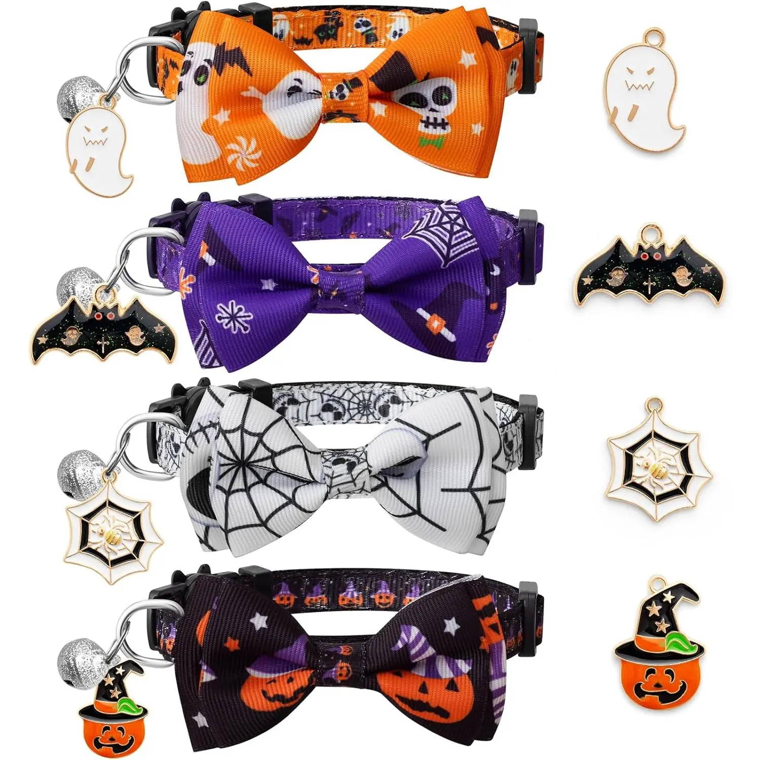 4-Piece Halloween Cat Collar Set - Detachable Bow Tie, Frosted Bell, Adjustable from 7-12 in, Lightweight Fabric, Breakaway Safety Buckle, Festive Pet Accessories for Cat's Halloween Look, Adjustable From 7 To 12 Inch