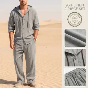 Men’s summer linen hooded set, cotton-linen blend set, hooded long-sleeve button-up top, drawstring elastic-waist pants, Father’s Day gift, men’s vacation outfit, loose and comfortable set, a great summer gift for Dad.