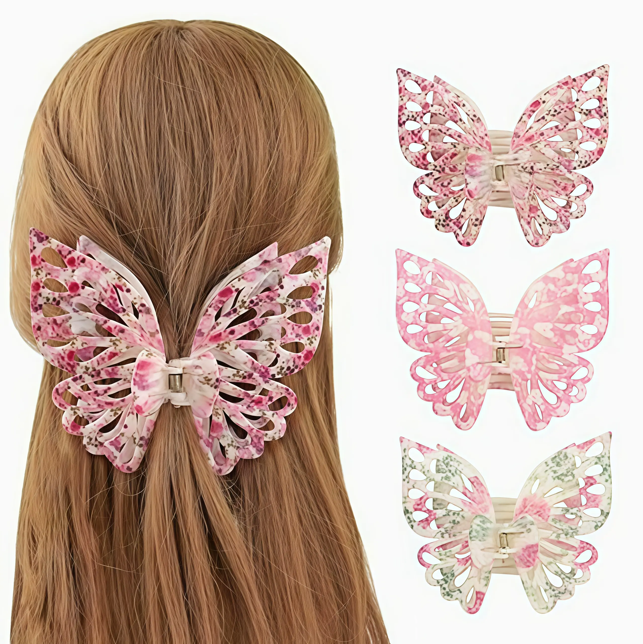 3PCS Floral Print Butterfly Hair Claw Clips, Large Hollow Cutout Acrylic Claw Clips, Strong Grip Jaw Clips for Thick Hair, Cute Floral Butterfly Hair Accessories for Women & Girls