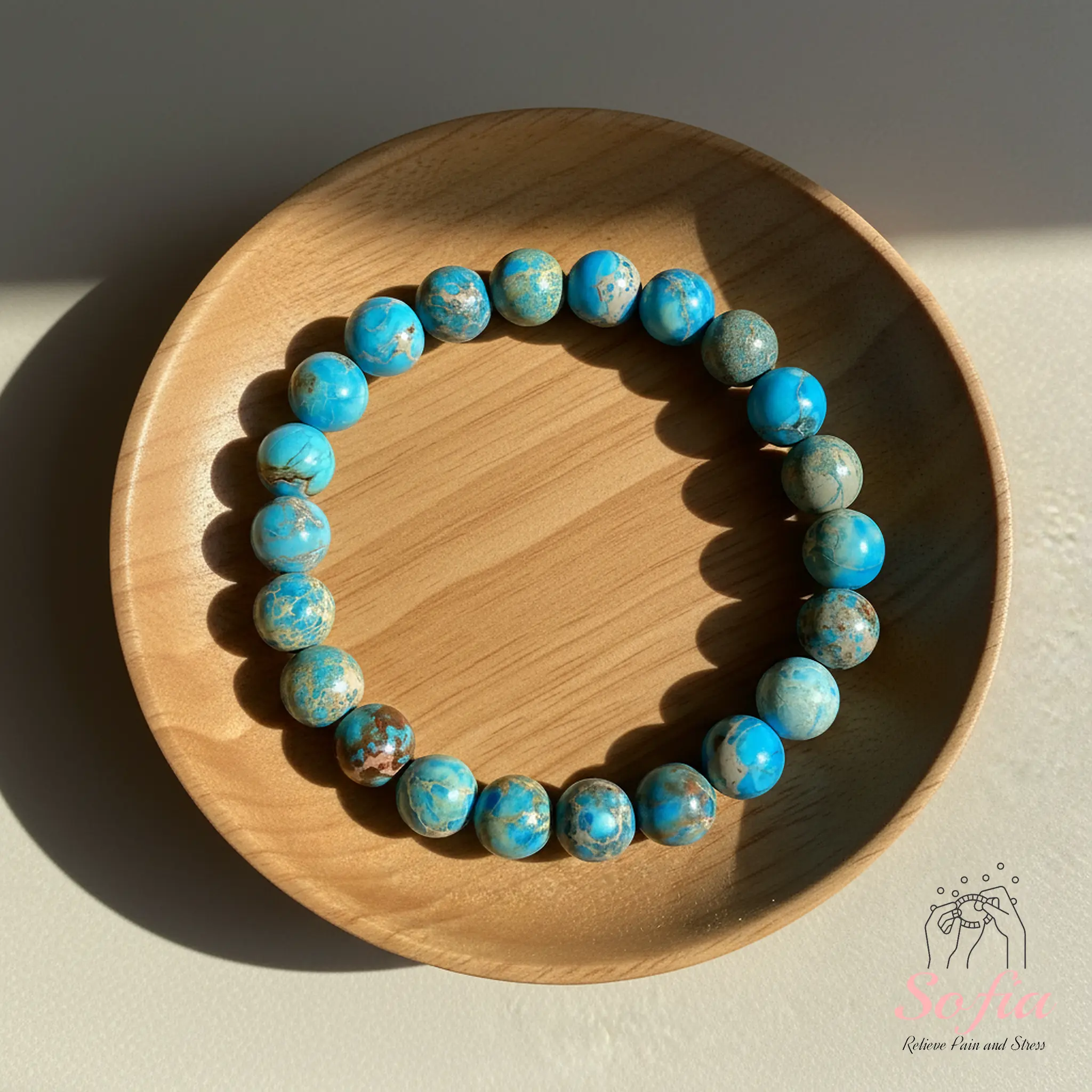 Sofia Natural Blue Jasper 8mm Beaded Strand Bracelet, Handmade Fashionable Boho-Style Elastic Cord Stretch Piece for Daily Use with Comfortable Fit, Fashionable Bracelet