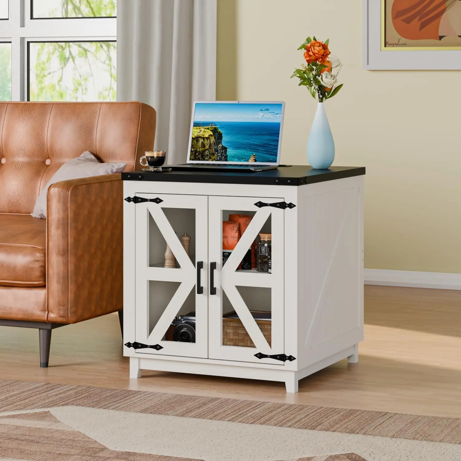 PUKAMI Farmhouse 24" Large Wood Square End Table - Multi-Functional Wood Bedside Table with Doors, Charging Station, Storage Cabinet for Living Room, Bedroom