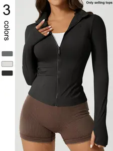 Women's Solid Zip Up Thumb Hole Design Sports Jacket, Sports Long Sleeve Outerwear for Gym Workout Running, Ladies Sportswear for All Seasons, Womenswear
