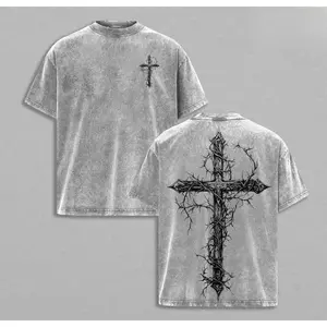 Thorn Cross Gothic Cross Washed cotton Patriotic  Christian   Faith T-Shirt, Biblical Cross Art Tee, Christian Apparel Streetwear Menswear Oversized Top, Church Outfit Gym Cover