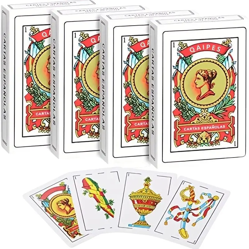 Spanish Qaipes Paper Poker Set, 4 Packs, 50 Large Size Cards, Original Spanish Playing Cards, Party Card Game, Mexican Card Games, Canasta Cards Set