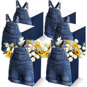 As snack food holder at 7 x 5 x 5 inches this 6 pcs set of overalls decorative boxes serves as blue jean baby shower centerpieces for table and baby shower flower boxes perfect for denim and diamonds celebration party supplies
