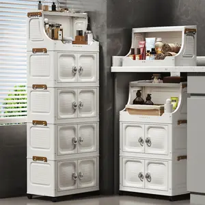 Multi-Tier Stackable Bathroom Storage Cabinet, Rolling Storage Cart for Bathroom & Narrow Rolling Laundry Room Organizer, 360° Lockable Wheels, Bathroom Organizer with Side Hooks for Toiletries, Laundry Supplies & Small Spaces Collapsible Bins