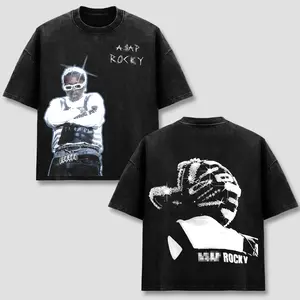 Rocky T-Shirt, AWGE Testing Tee, Hip Hop Rap Concert Top, Vintage Acid Wash Graphic Shirt, Retro Y2K Streetwear Merch, Sparkle Star Hip-Hop Apparel, Men Women Short Sleeve Heavyweight Premium Black Cotton Wear