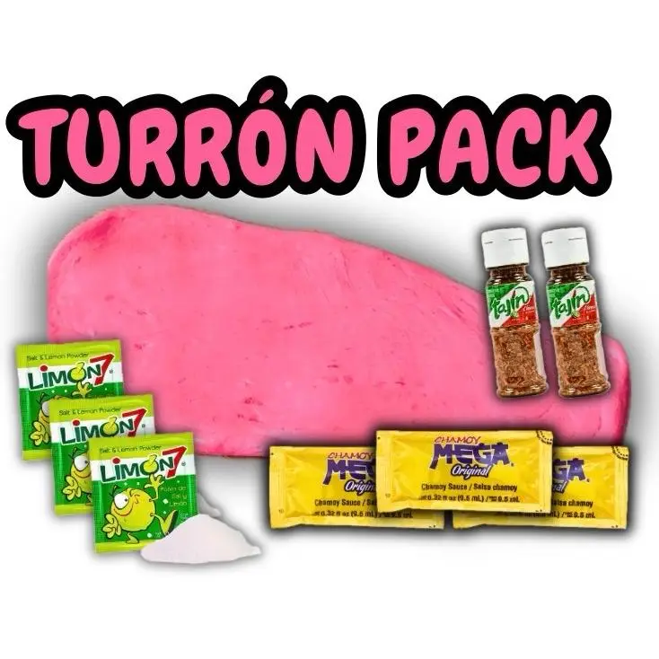 Turron Pack - 4oz Turron, 3 Limon, 3 MEGA Chamoy, 2 Tajin - Sweet & Spicy Snack - Gift - Pink Candy - Bonbon Tangy, Dessert pink candy, Mexican snack