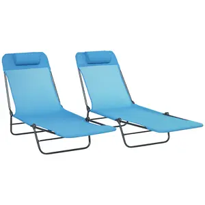 2 Piece Folding Chaise Lounge Chairs – Blue, Set of 2. 5-Position Reclining Back. Breathable Mesh Seat – Quick Drying. Includes Headrest. Lightweight & Foldable. 264 lb Capacity