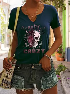 Skull and Rose Print T-Shirt with Beautiful Crazy Lettering, Casual Fitted Summer V-Neck Short Sleeve Top for Women, Trendy Fashion Womenswear