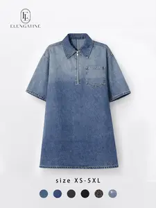 Elengatine Women's Denim Dress Half-Zip Collared Vintage Washed Blue Loose Fit Short Sleeve One Chest Pocket Trendy Casual Top for Daily Wear & Street Style Looks - Chic Spring, Summer & Autumn - Womenswear Suitable for all people, sizes XS - 5XL,summervi