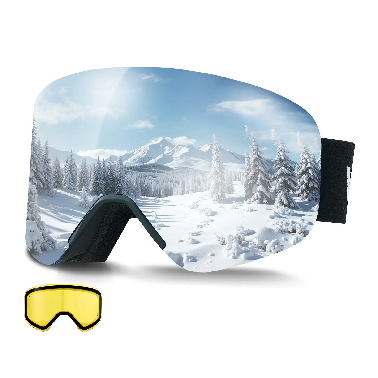 Magnetic Ski Goggles with Cylindrical Lens, Dark Blue Frame, Revo Mirror Coating, Anti-Fog and UV Protection, Comfortable Triple-Layer Foam, Wide Field of View for Snowboarding, Snow Gear, Replaceable Strap, Durable Eyewear