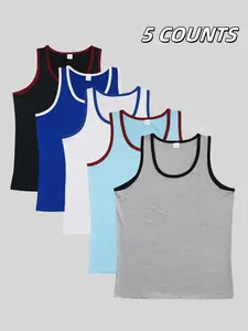 Men's Solid Color Contrast Trim Round Neck Tank Top, Regular Fit Breathable Comfortable Sleeveless Top for Gym Workout Running, Casual Sporty Top for Summer Yoga Sports Vest