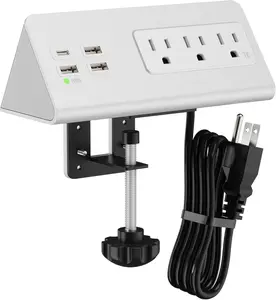 Nightstand Edge Mount Power Strip with USB-C Ports Tabletop Surge Protector Desk Clamp Power Sockets with 3 AC Outlets &4 Fast  USB Ports for Home Office Hotel and Dormitory
