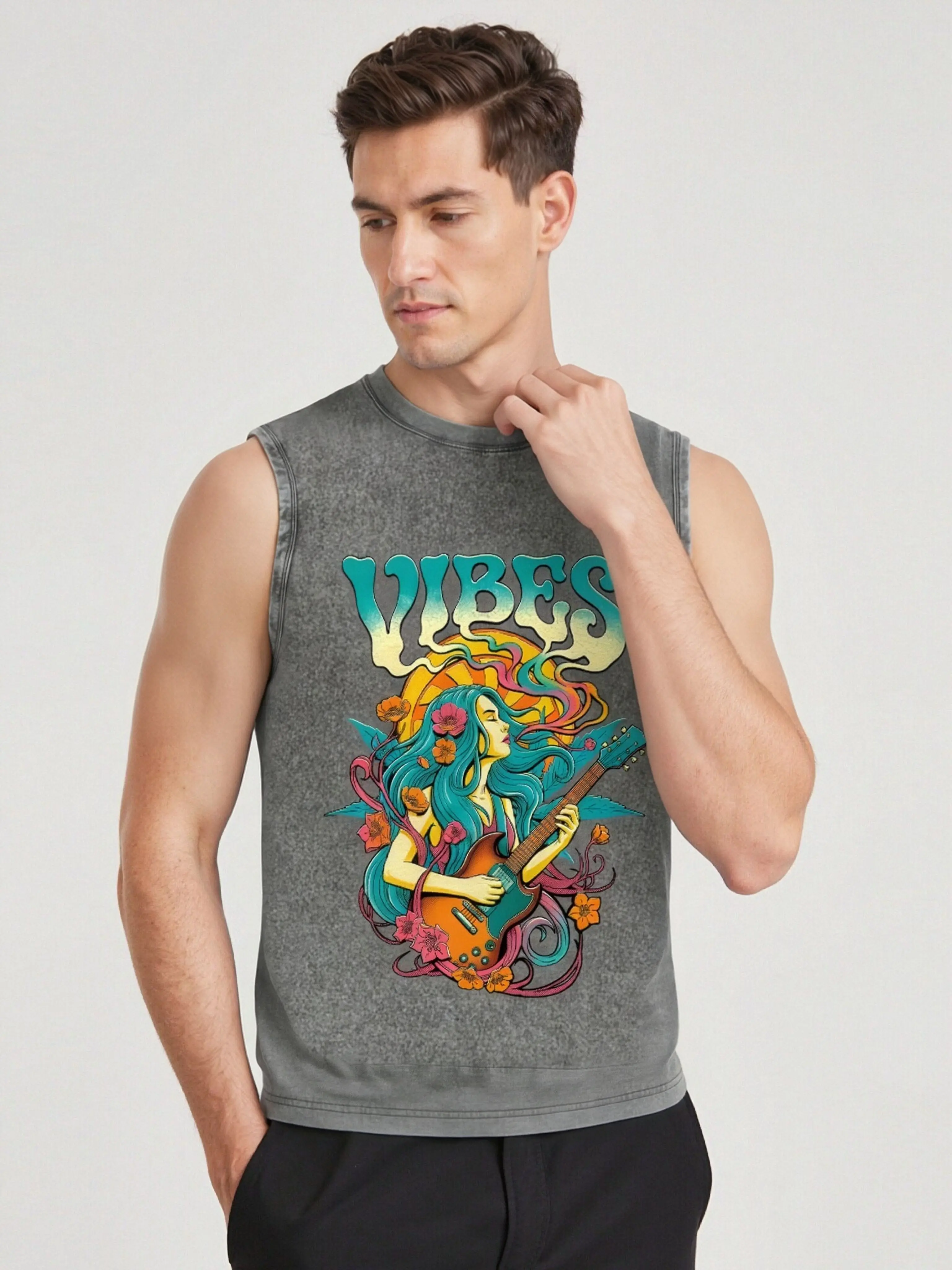Vintage Hippie Vibes Guitar Girl Graphic Sleeveless Muscle Tank Top Men Retro Rock Summer Casual Vest