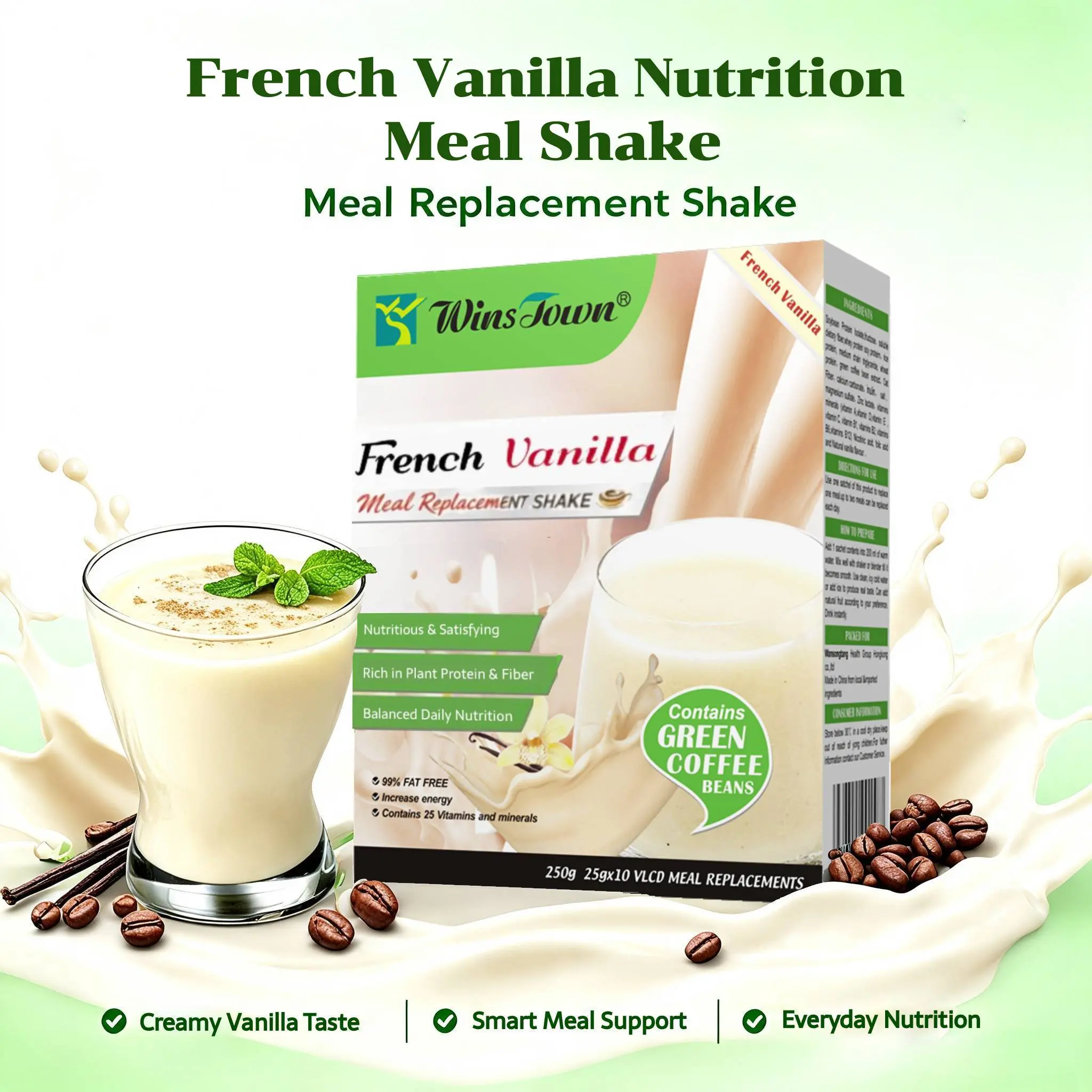 WinsTown Vanilla Instant Milk Shake, Smooth Vanilla Flavor On-The-Go Drink, Quick Dissolve Instant Beverage Powder, Individually Packed Sachets For Travel, Commuting & Camping, 250g, 10 Servings