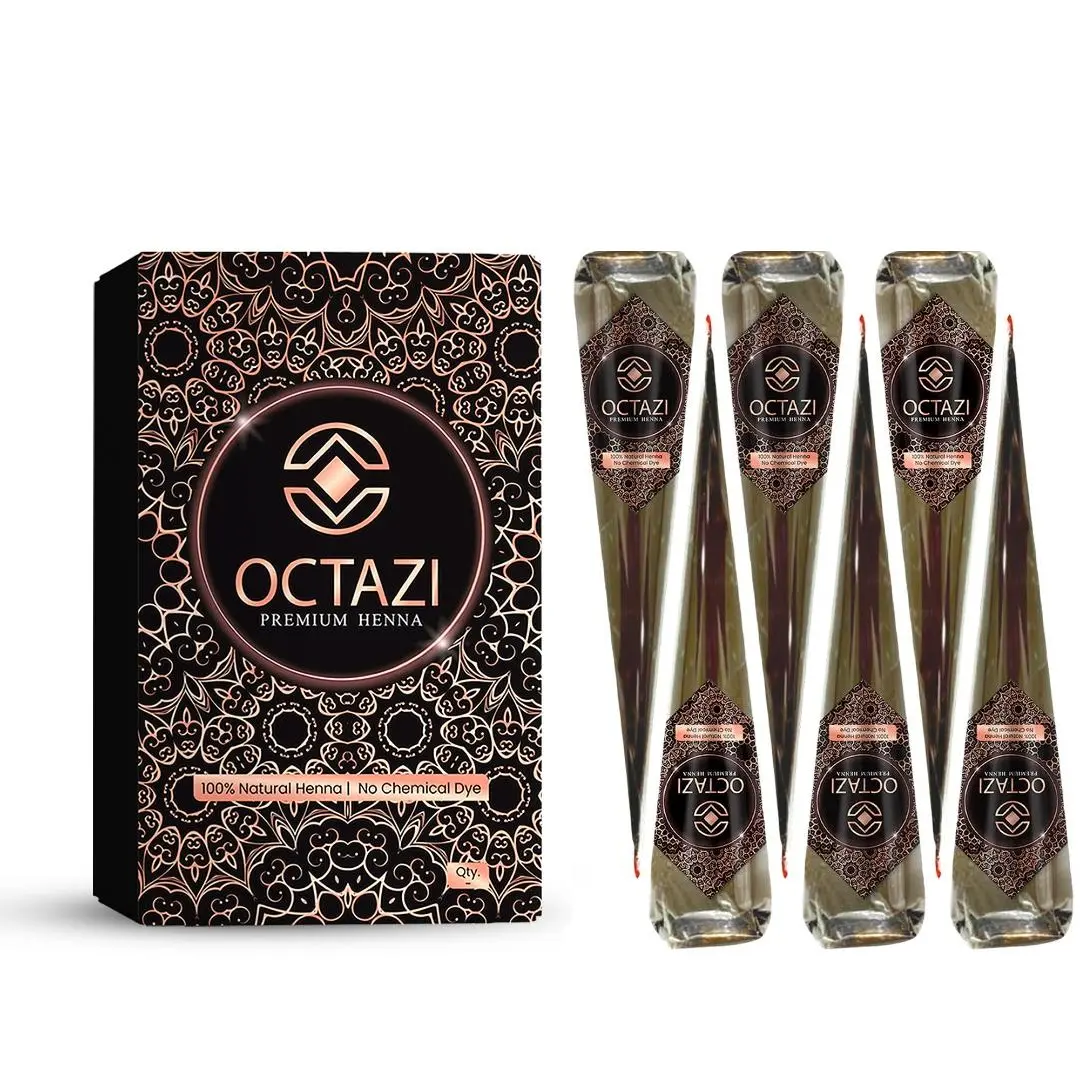 OCTAZI - 100% Natural Herbal Henna Cones – Instant No-Mess Temporary Tattoo Kit | Organic Handmade Maroon Mehndi for Bridal & DIY Body Art | Easy Stencil Henna for Women & Girls