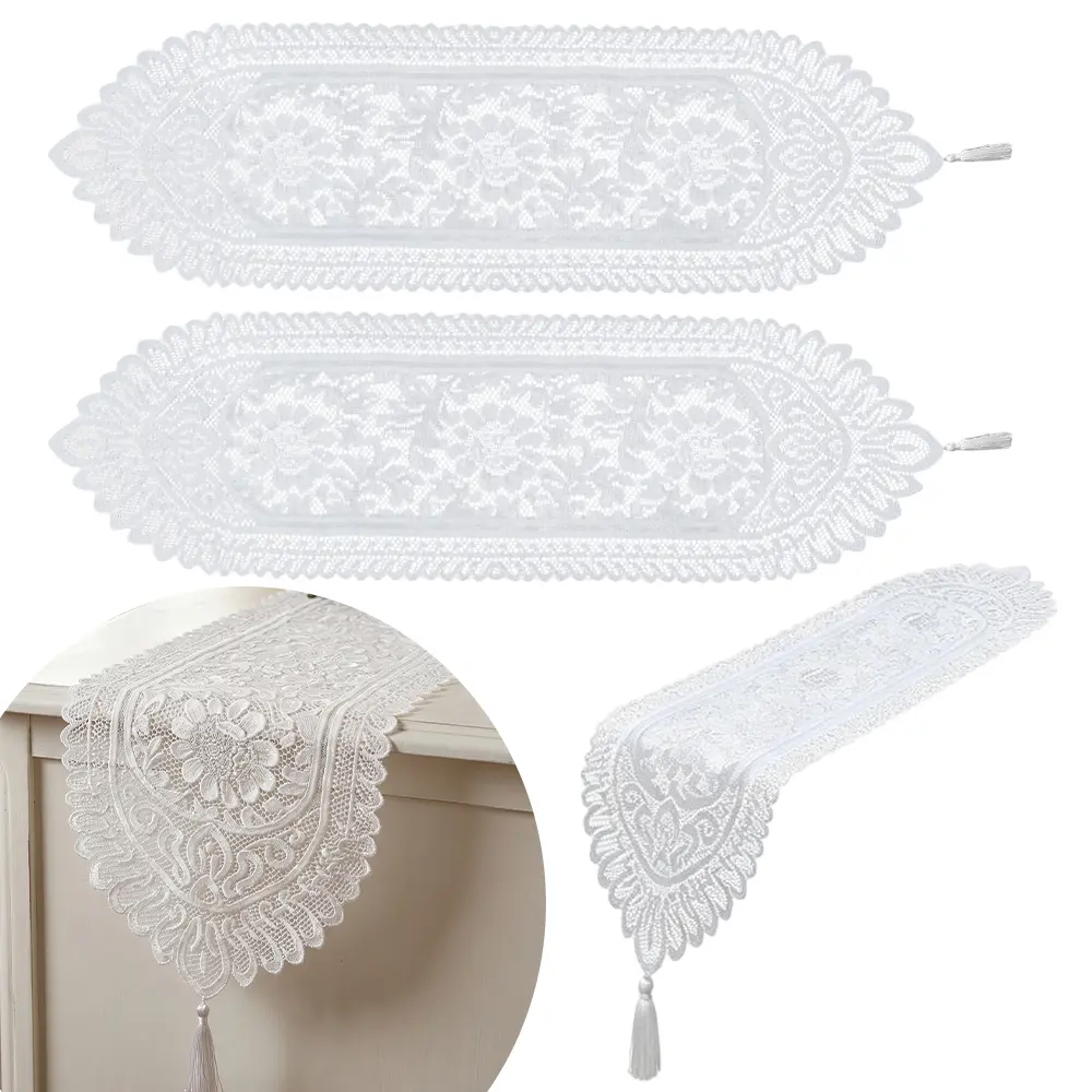3 Packs 13" X 48.03" Cotton Crochet Lace Rectangular Table Runner Dresser Scarf Doilies for Wedding Party Home Dining Runner Decorations (White Style)