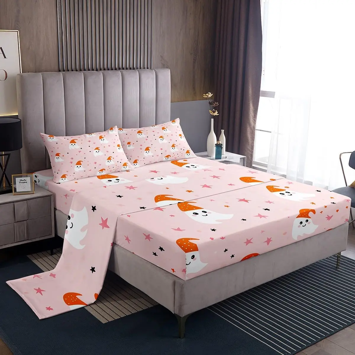 Feelyou Multi-Size Cute Ghost Faces Microfiber Bedding Set - Breathable Durable Sheets, Breathable Bed Cover, Cool Soft Pink Fitted Sheet, Fairy-Soft Halloween Decor for Kids, Cool Soft Sheets