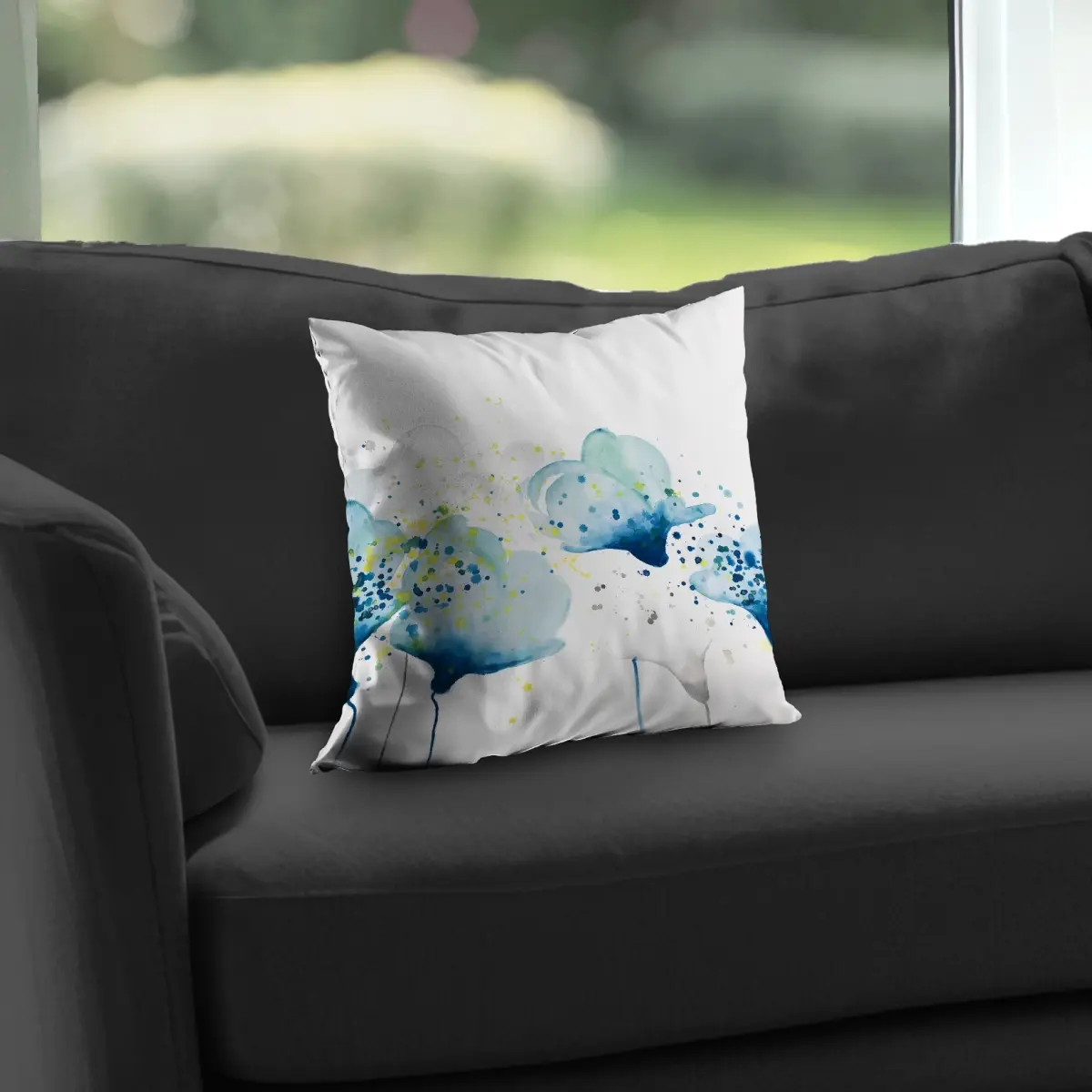 Begin Home Decor C1PT1414TG7MFY 14x14 in Creative Decorative Cushion - Contemporary Poly Twill Pillow, Floral Art Dotted Paint Splash Flowers Design, for Couch/Bed/Chair, Easy Care