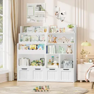 FOTOSOK Kids Bookshelf, Toy Storage Organizer, Large Toy Organizer with 4 Movable Drawers and 3 Storage Cubbies, Book Shelf for Kids Room