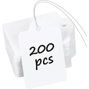200 count Price Tags with 200 count Wires 1 Inch Writable Price Labels White Price Display Tags for Pricing Clothing Luggage Tools Blank Hang Tag Merchandise Marking Label, 1 3/8" x 7/8"