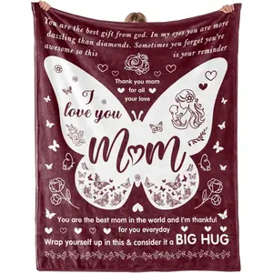 Ultra Soft Flannel Fabric Blanket - High-Res Print, Love Lettering, "I Love You Mom" Butterfly Hug Design, Multi-Size Sentimental Gifts, Mother's Day Gift from Daughter Cozy Throw,summervibes