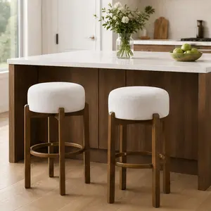 ARCH Vera Indoor Wooden Upholstered Barstool Set of 2 Dark Walnut Finish Ivory Fabric Seat Rubberwood Frame Round Bar Stools for Kitchen Island Home Bar Dining Room Counter Height 30 Inch, Dark Walnut/Ivory/Ivory (Set of 2)/Walnut Color Options