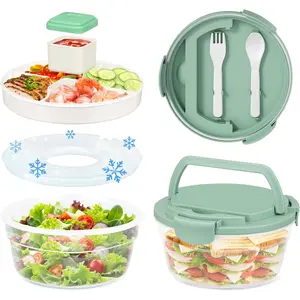 -in-One Salad Lunch Container, Bento Lunch Box 57.5-oz Salad Bowls with 4 Compartments Tray, Ice Pack,  Snack Container with Sauce Container for Dressing(Green)