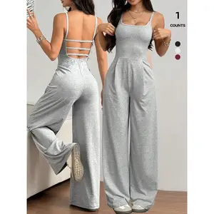 Women's Summer Strapless Solid Color Loose Fit Home Jumpsuit, Casual Fashion Versatile One-Piece Pants, Comfortable SleepwearRAIMENTRY