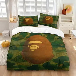 BAPE Classic Green Red Camo Ape Head Duvet Cover Set  & 1-2 Pillowcases (no Pillows), Soft Skin-Friendly, Iconic Camouflage with Ape Head Silhouette, Trendy Military Style Bedroom Decor, Fan Gift