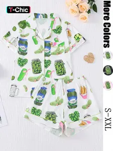Women's Cucumber Print Short Sleeve Pajama Set Casual Comfy Button Front Chest Pocket Design Lapel Neck Top Elastic Waist Shorts PJ Set Ladies Sleepwear Loungewear Pajama Set