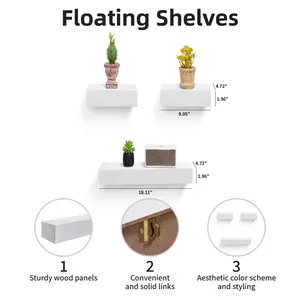 3 Set 17.72'' Simple Modern Floating Wall Mounted Porcelain White Shelves Wooden Modern Picture Ledge Shelf for Storage Nursery Bedroom Living Room Bathroom 12Pounds Load Capacity Decoration Items Home Design