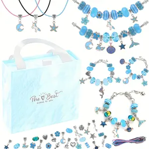 67pcs Blue Charm Bracelet Making Kit - Beading Jewelry Making Kit with 60 Charms Beads, 3 Bracelet Chains And 3 Necklace Cords, Jewelry Making Supplies, DIY Crafts for Birthday Christmas Gifts Idea, Mother's Day Gifts, Graduation Gifts