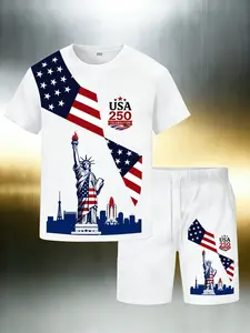 2026 New Men's 250th Anniversary Set, Patriotic Usa Flag, Statue of Liberty, Rocket Print T-Shirt and Shorts, Multiple Colors, Gift for Men and Teens