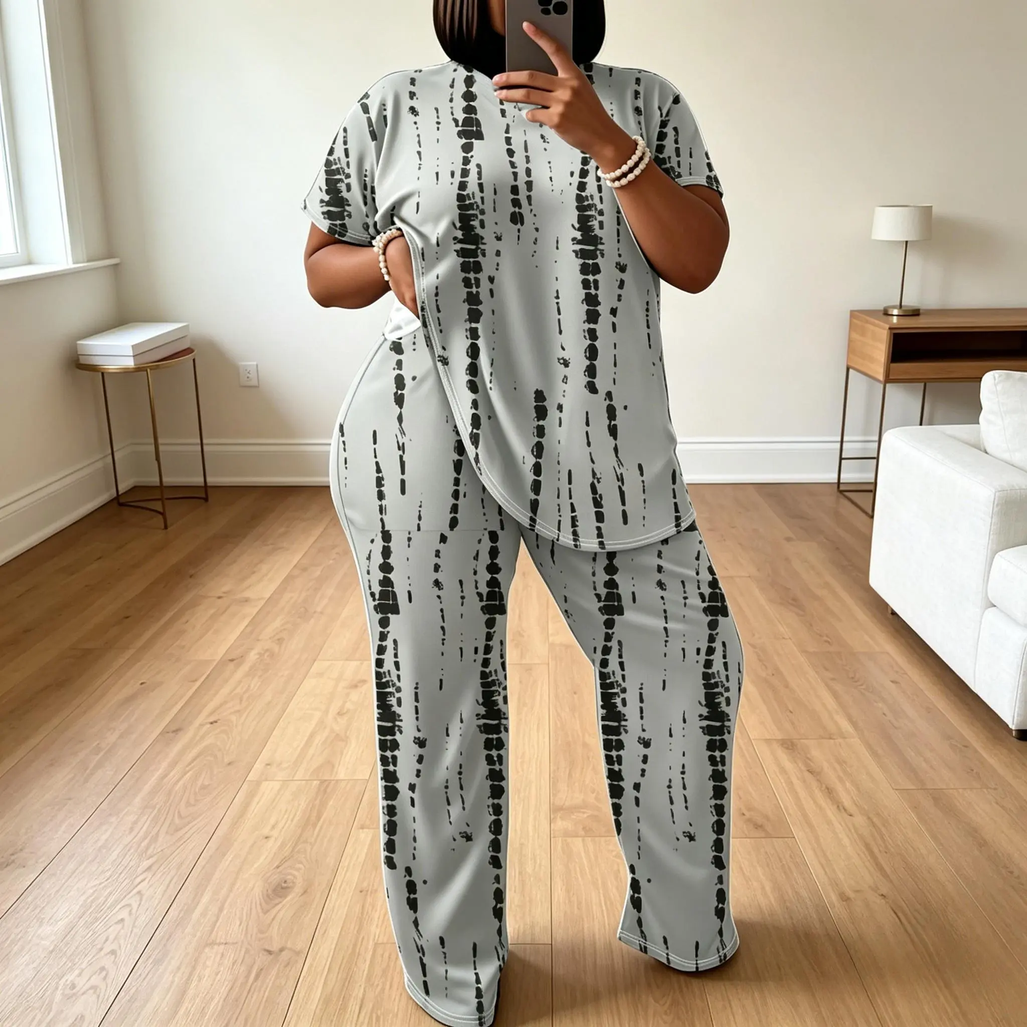 Plus Size Women's Casual Set - Tie-Dye Gray Ink Splatter Striped Crew Neck Short Sleeve Top & Stretchy Pants, Soft Comfortable 2-Piece Loungewear, Black White Streetwear, TikTok Fashion Must-Have, Polyester Crewneck Outfit