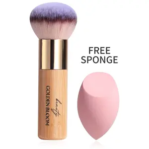 Foundation Brush with Bamboo Handle & Free Sponge. Premium Beauty Tools for Flawless Makeup.