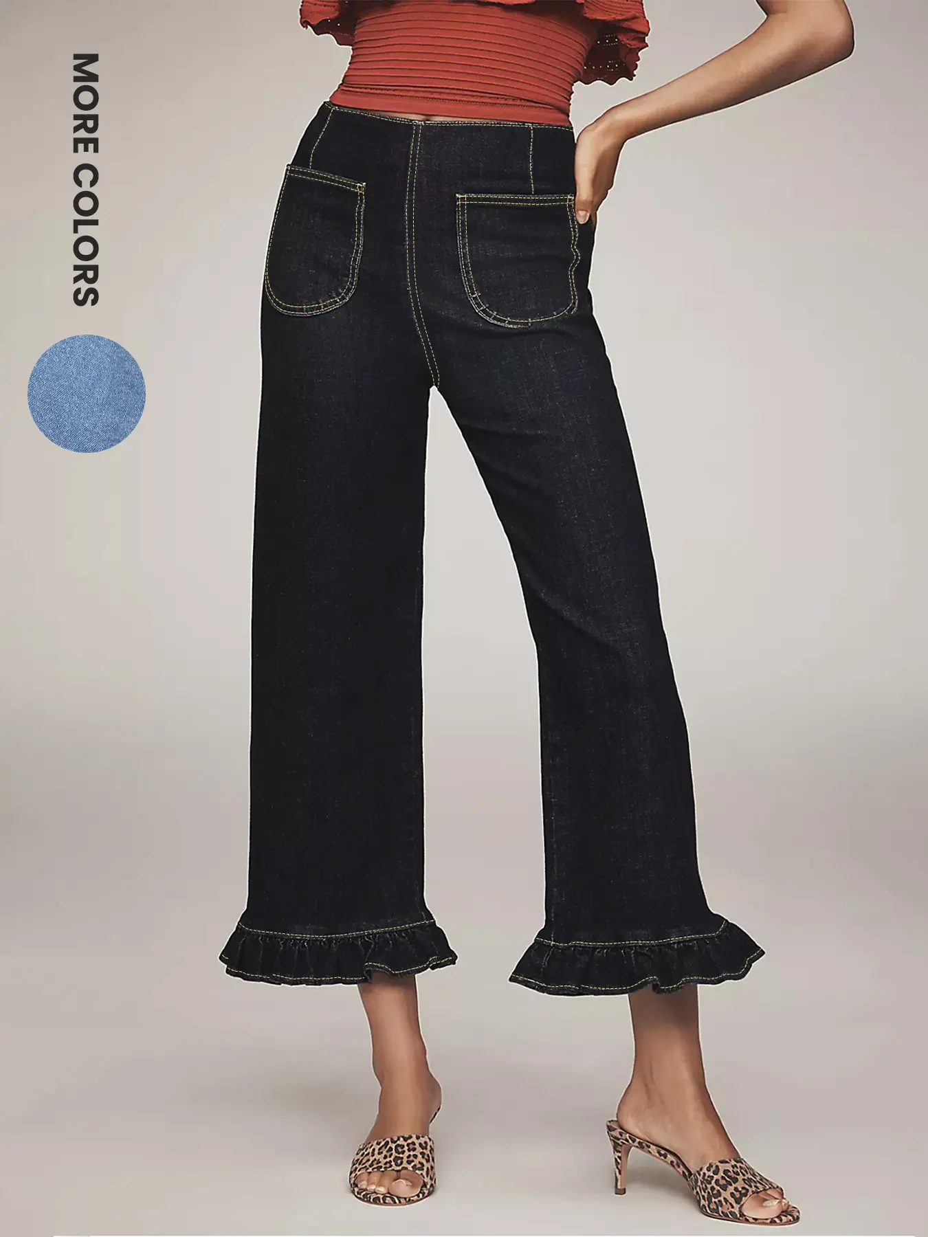 Aswulk Womens Ruffle Hem Jeans Mid Rise Baggy Cropped Denim Pants with Pockets