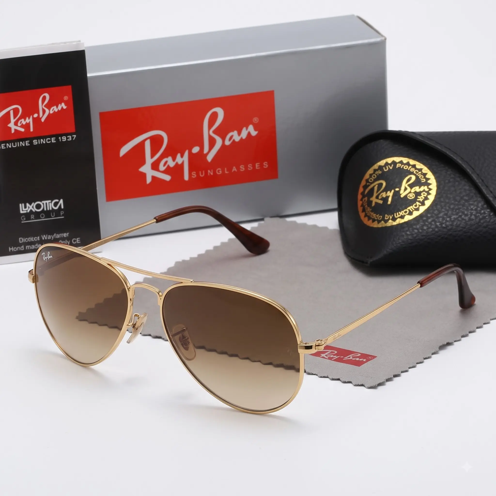 [Buy 2 get 1 Free ] Ray-Ban Gold Metal Aviator Sunglasses Classic Pilot Design Brown Gradient Fashion Glasses for Men Women